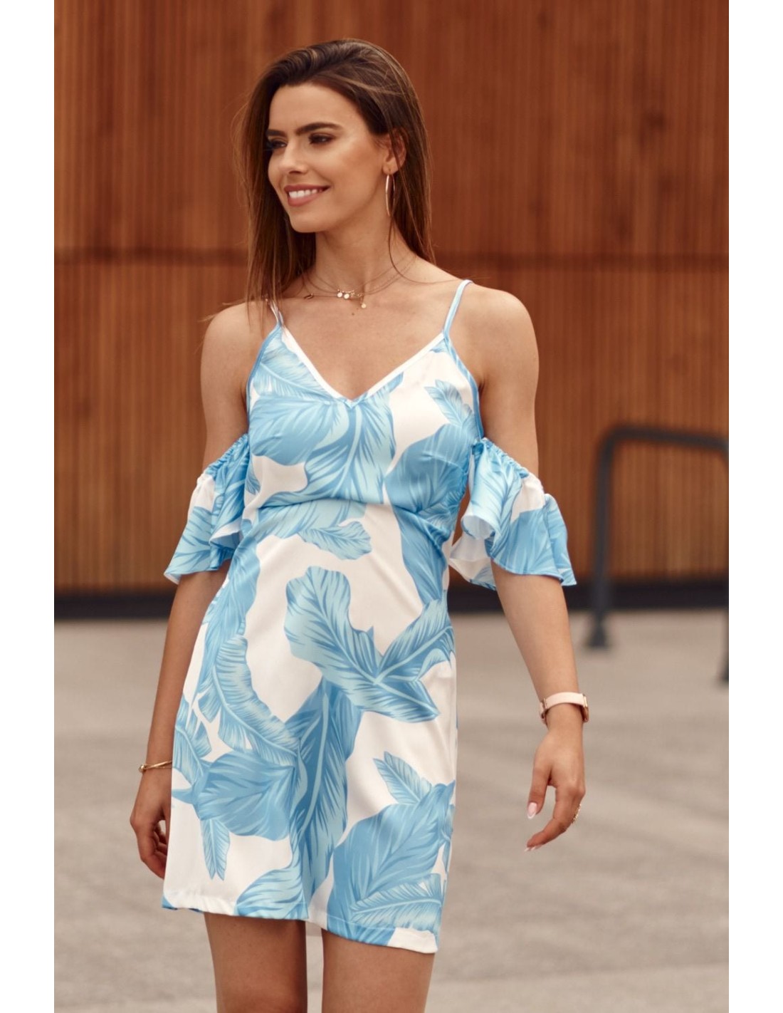 Cream dress with straps and sleeves, blue leaves PR3215 - Online store - Boutique